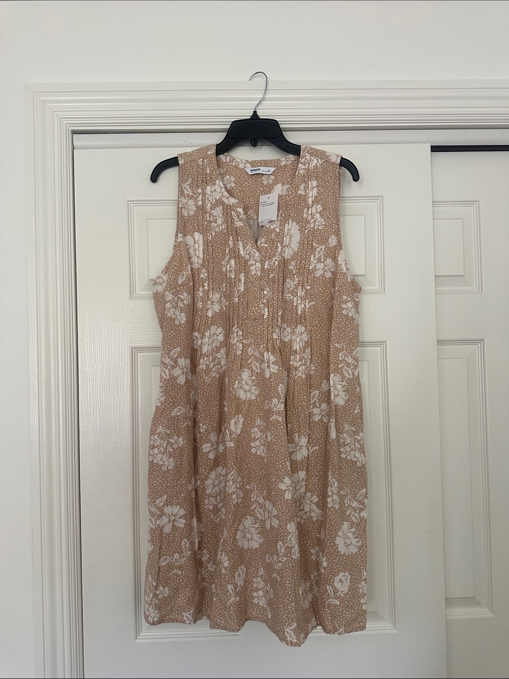Sleeveless Floral Tan Dress with White Print